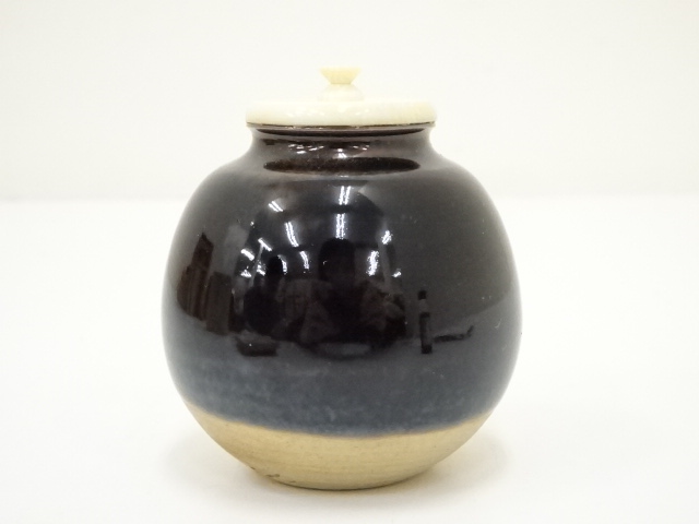 哥釉茶入　骨董品　美術品　茶道具　茶入れ　煎茶道　陶磁器　中国美術　唐物 道具 ] - 道具 加藤唐三郎造 古瀬戸文琳茶入（仕覆付）（共箱） □z